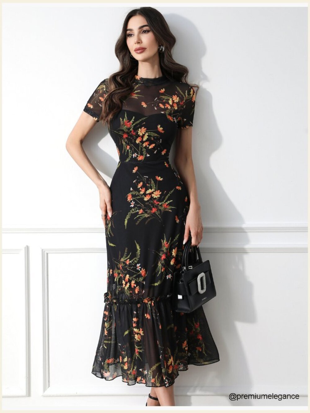 Floral Mesh Ruffle Maxi Dress Short Sleeve Round Neck High Waist Casual Wedding - Picture 7 of 7